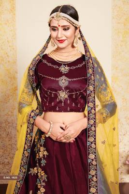 Maroon Resham and Zari Embroidered Satin Semi Stitched wedding lehenga 2