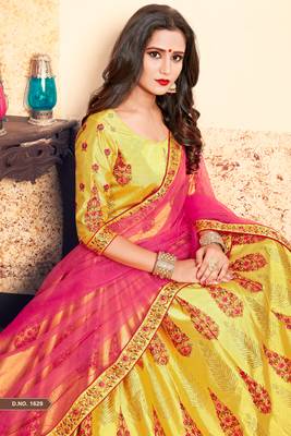 Phenomenal Yellow Thread Embroidered Satin Semi Stitched Bridal Lehenga 3