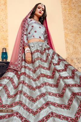 Grey Thread Embroidered With Stone and Swarovski Work Satin Semi Stitched wedding Lehenga 4