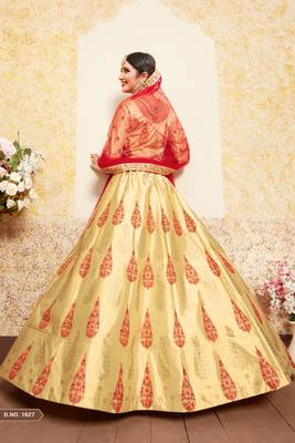 Fantastic Beige Thread Embroidered Satin Semi Stitched Party Lehenga 3