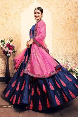 Mesmerizing Navy Blue Thread Embroidered Satin Semi Stitched wedding Lehenga 4