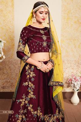 Maroon Resham and Zari Embroidered Satin Semi Stitched wedding lehenga 3