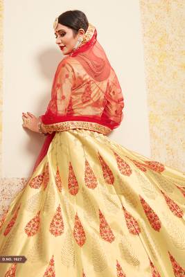 Fantastic Beige Thread Embroidered Satin Semi Stitched Party Lehenga 4