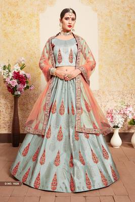 Marvelous Grey Thread Embroidered Satin Semi Stitched Lehenga 2