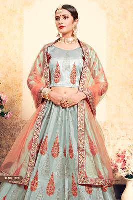 Marvelous Grey Thread Embroidered Satin Semi Stitched Lehenga 3