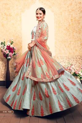 Marvelous Grey Thread Embroidered Satin Semi Stitched Lehenga 4