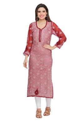 Maroon Embroidered Georgette Chikankari Kurti 1