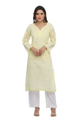 Yellow Embroidered Cotton Chikankari Kurti 1