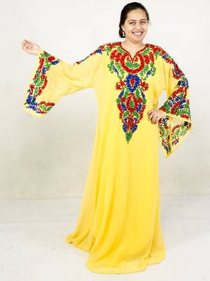 Yellow embroidered georgette islamic kaftan 1