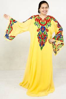 Yellow embroidered georgette islamic kaftan