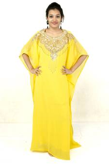 Yellow embroidered georgette islamic kaftan