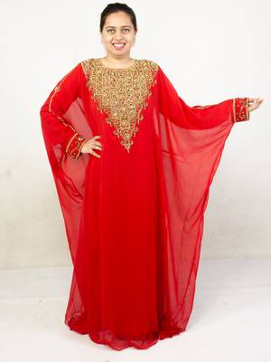 Red embroidered georgette islamic kaftan 1