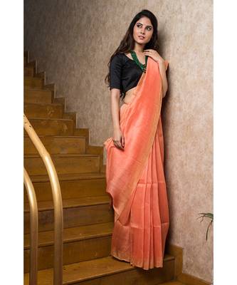 peach hand woven Linen saree with blouse 2