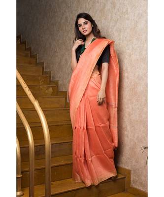 peach hand woven Linen saree with blouse 3