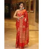 Red  hand woven Chiffon saree with blouse
