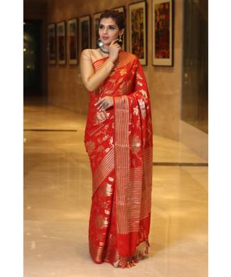 Red  hand woven Chiffon saree with blouse 2