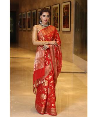 Red  hand woven Chiffon saree with blouse 3