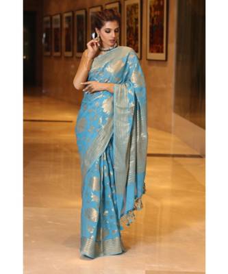 Blue  hand woven Chiffon saree with blouse 3