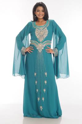 Turquoise embroidered georgette islamic kaftan 1