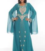 Turquoise embroidered georgette islamic kaftan