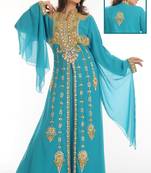 Turquoise embroidered georgette islamic kaftan