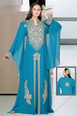 Turquoise embroidered georgette islamic kaftan 1
