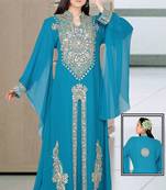 Turquoise embroidered georgette islamic kaftan