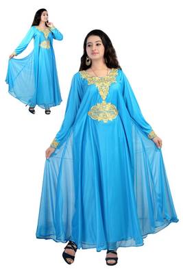 Turquoise embroidered georgette islamic kaftan 1