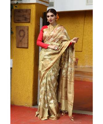 Golden hand woven Tissue saree with blouse 1