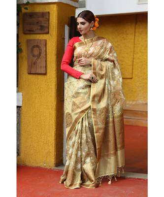 Golden hand woven Tissue saree with blouse 2