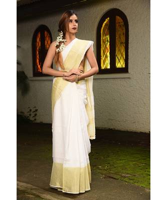 White Handwoven Linen Saree 1