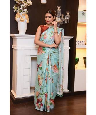 Multicolor hand woven Linen saree with blouse 1
