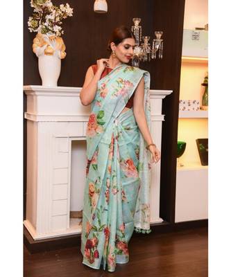 Multicolor hand woven Linen saree with blouse 2