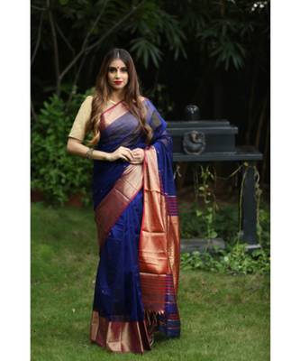 Blue Shade Handwoven Maheshwari Silk Saree 1