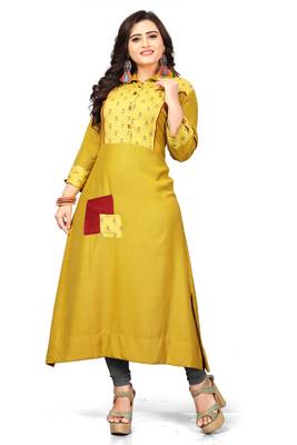 Yellow printed cotton long kurti 1