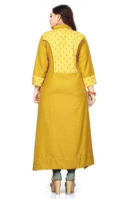 Yellow printed cotton long kurti 2