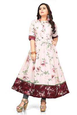 Cream printed satin long kurti 1