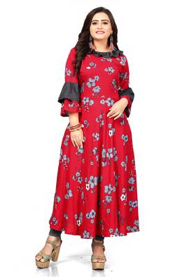 Red printed rayon long kurti 1