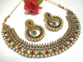 Maroon Green Pearl Polki Kundan Necklace Set 1
