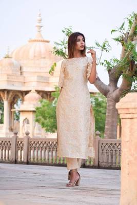 Beige silk kurta with pants 1