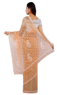 Ada Peach Hand Embroidered Faux Georgette Lucknowi Chikankari Saree With Blouse - A392403 2