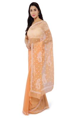 Ada Peach Hand Embroidered Faux Georgette Lucknowi Chikankari Saree With Blouse - A392403 3