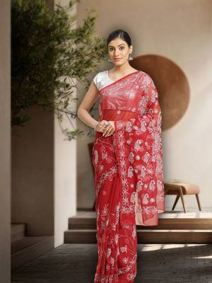 Hand Embroidered Maroon Faux Georgette Lucknowi Chikankari Indian Women Saree With Blouse 1