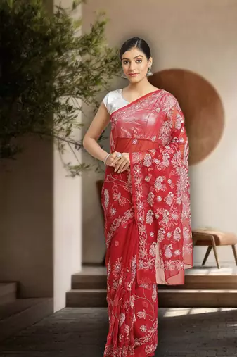 Hand Embroidered Maroon Faux Georgette Lucknowi Chikankari Indian Women Saree With Blouse