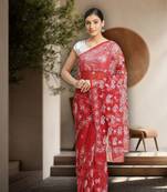 Hand Embroidered Maroon Faux Georgette Lucknowi Chikankari Indian Women Saree With Blouse