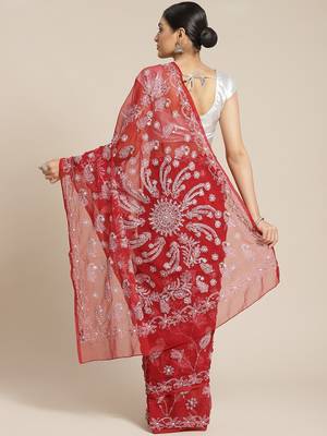 Hand Embroidered Maroon Faux Georgette Lucknowi Chikankari Indian Women Saree With Blouse 2
