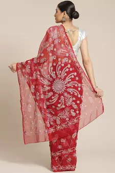 Hand Embroidered Maroon Faux Georgette Lucknowi Chikankari Indian Women Saree With Blouse