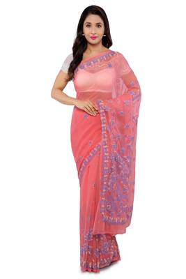 Peach Embroidered Faux Georgette Chikankari Saree With Blouse 1