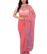 Peach Embroidered Faux Georgette Chikankari Saree With Blouse