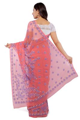 Peach Embroidered Faux Georgette Chikankari Saree With Blouse 2
